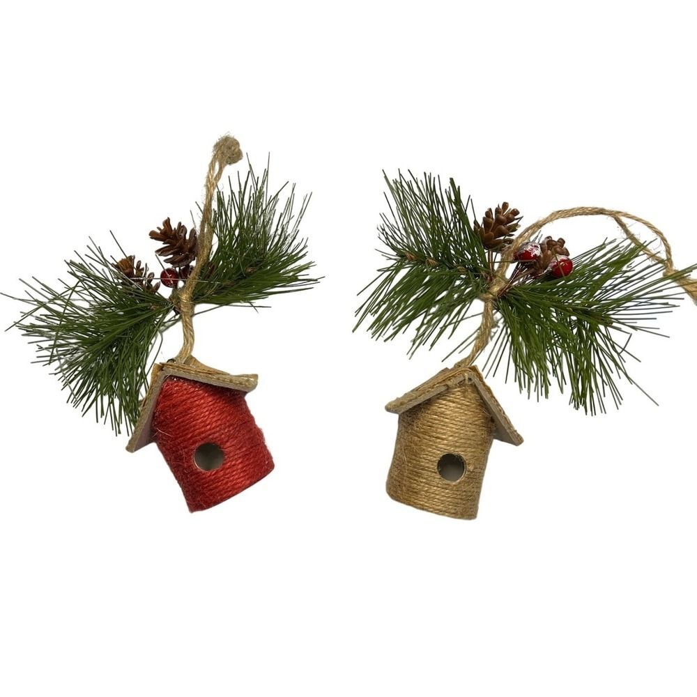 Set of 2 Rustic Twine Wrapped Birdhouse Ornaments Pine Berry Winter Tree Decor